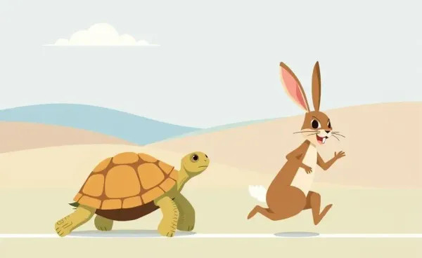 A cartoon tortoise crossing a finish line, beating a tired hare.