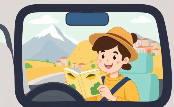 A cheerful traveler driving a car in a foreign country