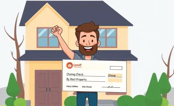 A person triumphantly holding a check in front of a rental property