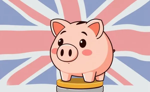 Cartoon-style piggy bank on coins with UK flag