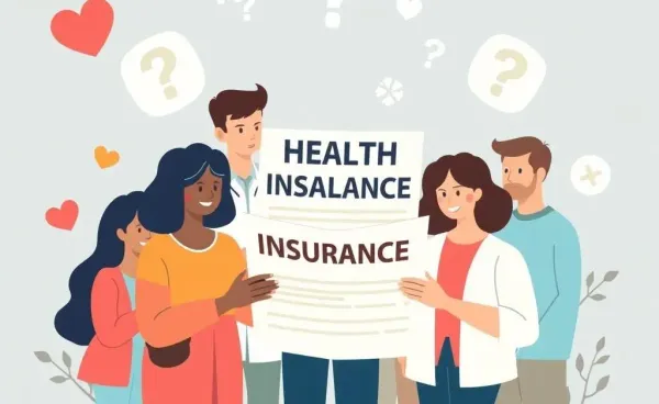 People examining a health insurance policy document with symbols of healthcare