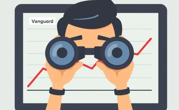 A person observing a line graph labeled 'Vanguard Fees' through binoculars