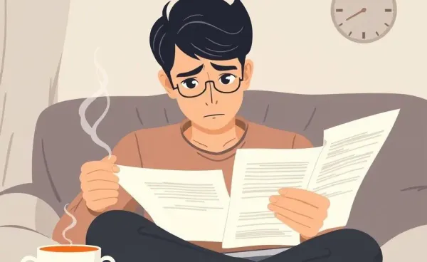 A person worriedly reviewing legal documents on a desk.