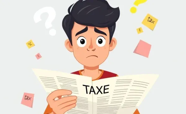 A young adult looking puzzled at tax documents