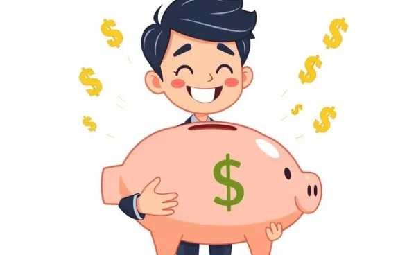 Young professional holding a piggy bank with dollar signs.